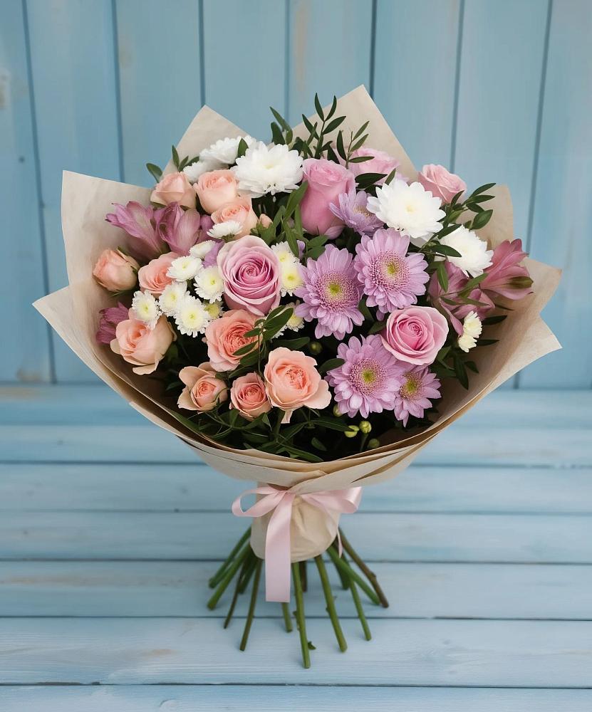 Букет цветов из: Хризантемы, Розы и Альстромерии в Нижнеивкино