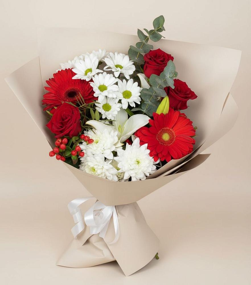 Букет цветов из: Розы, Хризантемы, Герберы и Лилии в Нижнеивкино