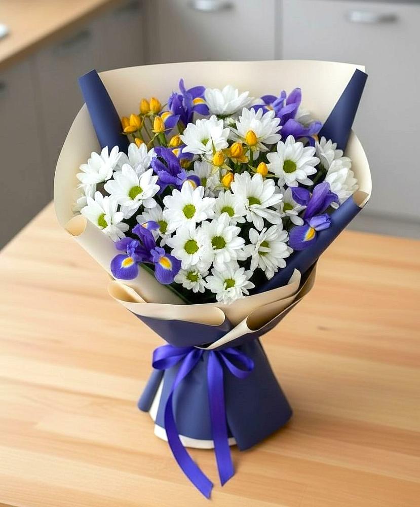 Букет цветов из: Розы, Ирисы и Хризантемы в Нижнеивкино