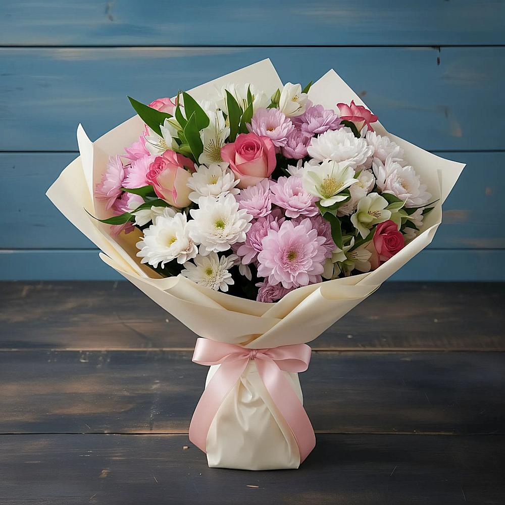 Букет цветов из: Хризантемы, Альстромерии и Розы в Нижнеивкино